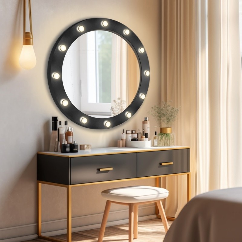 Miroir cosmétique rond avec ampoules dans un cadre en mdf - NEW YORK Miroir cosmétique rond avec ampoules dans un cadre en mdf - NEW YORK
