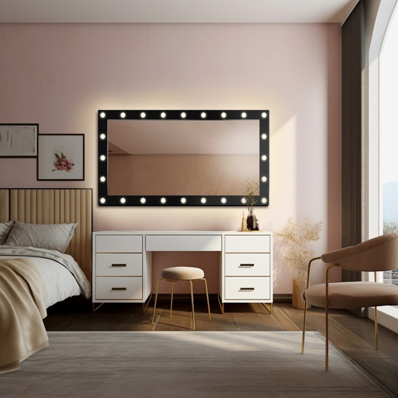 Miroir cosmétique rectangulaire avec ampoules dans un cadre en mdf - VEGAS Miroir cosmétique rectangulaire avec ampoules dans un cadre en mdf - VEGAS